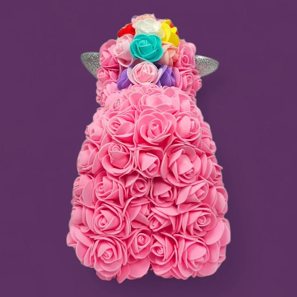 Rose Unicorn Gift - Pink Foam Flowers, Rainbow Mane, 